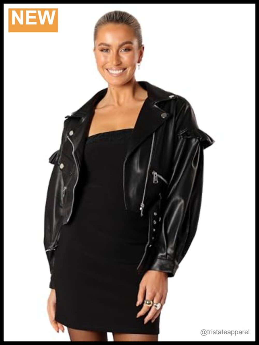 Faux Leather Cropped Jacket with Ruffle Sleeves